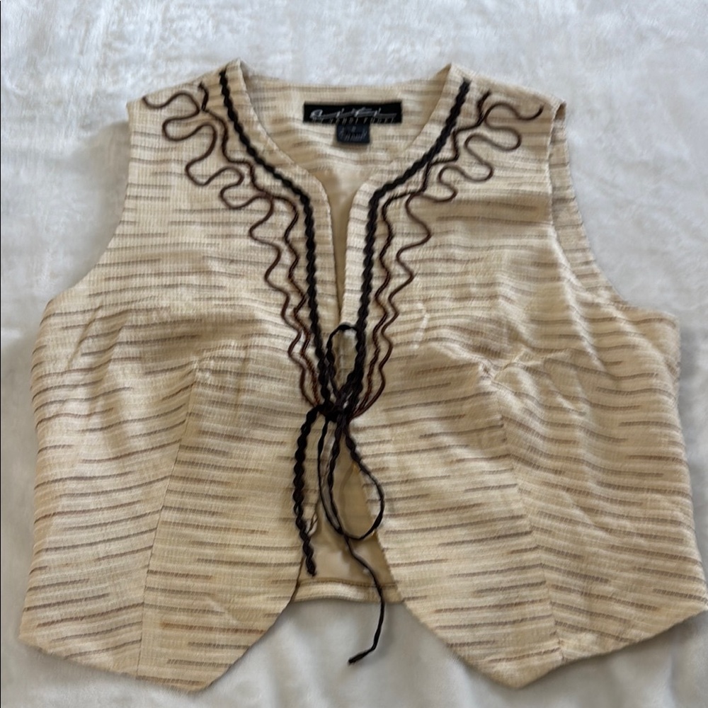Citi by Vansi Fugel Cream and Brown Striped Vest with Ruffle Trim